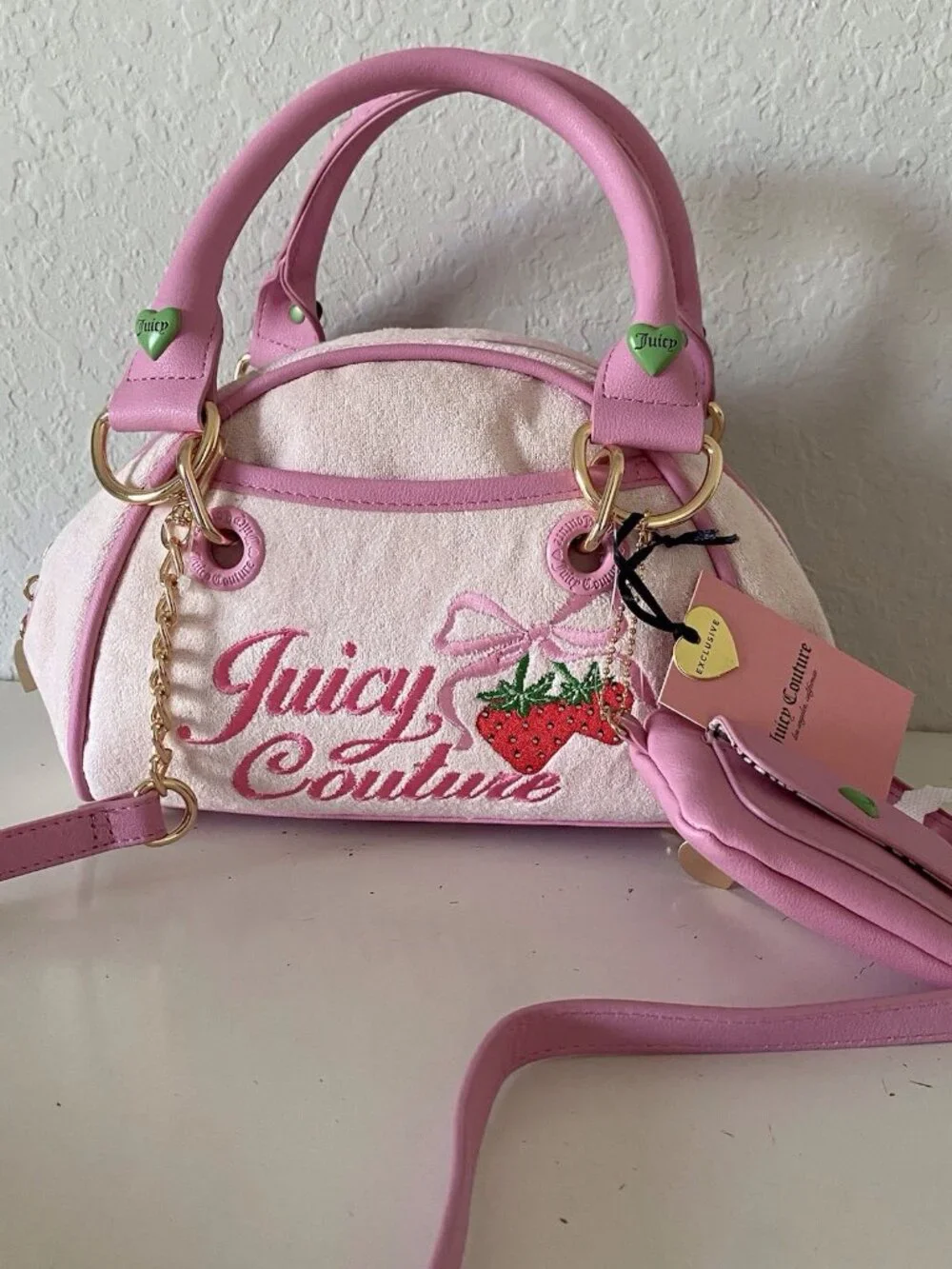 Juicy Couture Retro Strawberry Powder‎ Blush Bowler Satchel Bag W/Pouch NEW